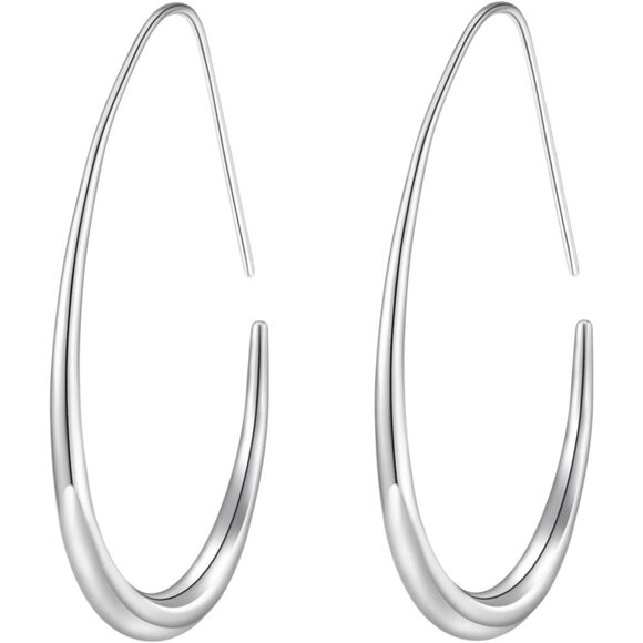 Sliver Lightweight Teardrop Large Oval Pull Through Hoop Earrings for Women - Picture 1 of 6